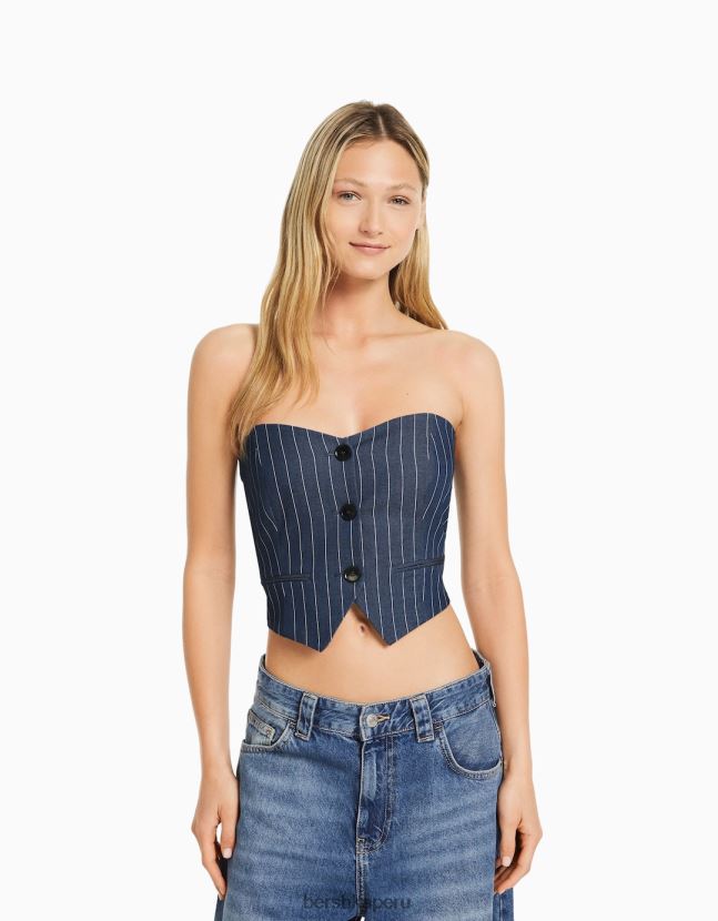 azul oscuro Bershka mujer chaleco de vestir a rayas diplomáticas con hombros descubiertos 806J6B672