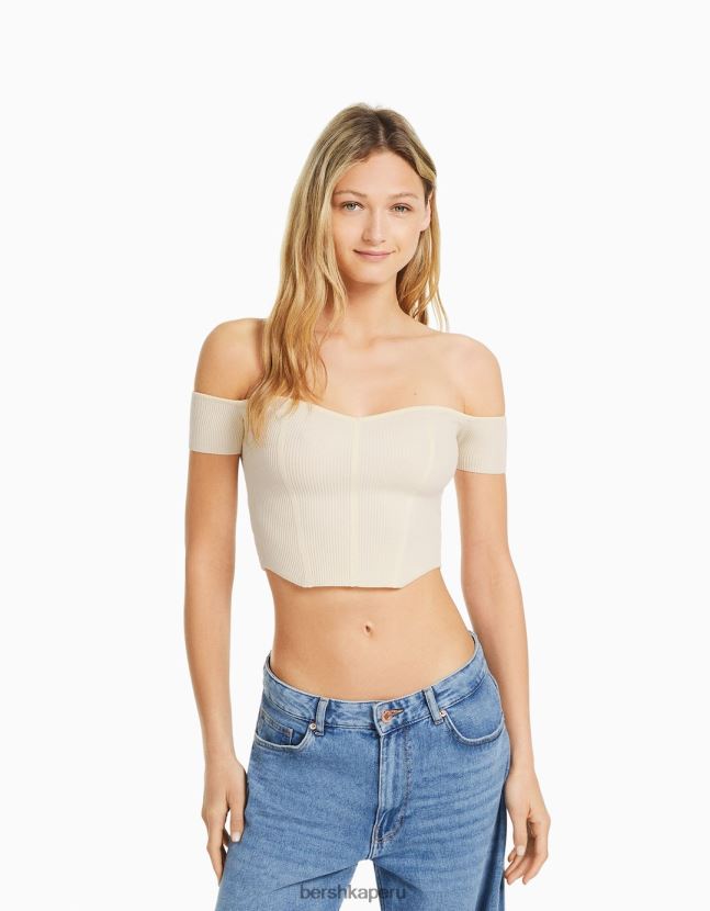 beige Bershka mujer corsé de punto con hombros descubiertos y manga corta 806J6B803