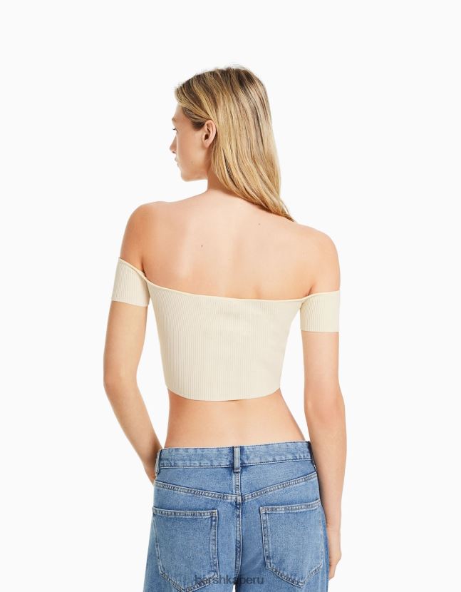 beige Bershka mujer corsé de punto con hombros descubiertos y manga corta 806J6B803