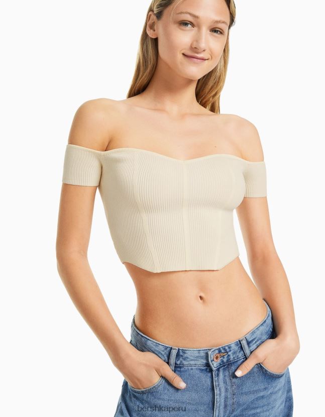 beige Bershka mujer corsé de punto con hombros descubiertos y manga corta 806J6B803