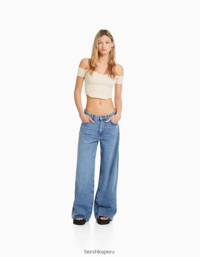 beige Bershka mujer corsé de punto con hombros descubiertos y manga corta 806J6B803