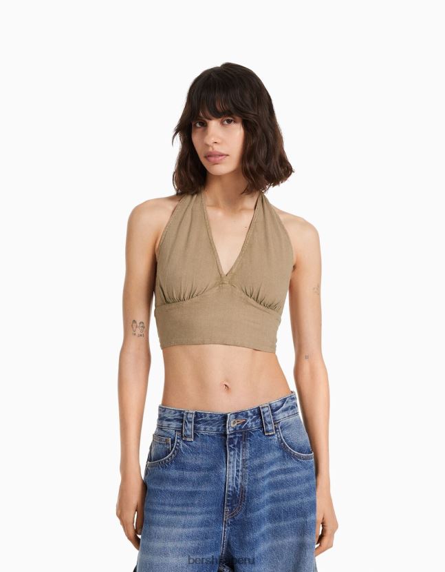 beige Bershka mujer top corto de mezcla de lino rústico 806J6B734