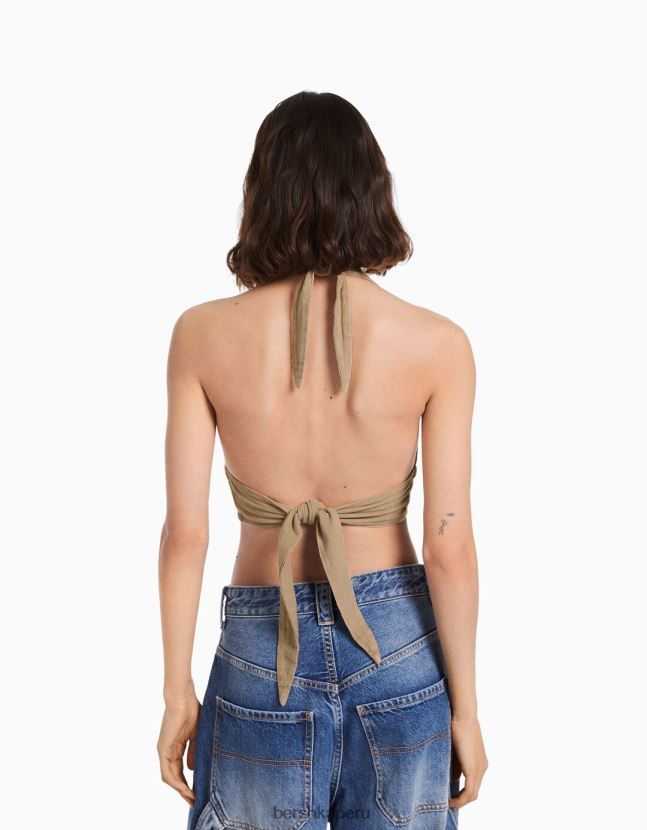 beige Bershka mujer top corto de mezcla de lino rústico 806J6B734