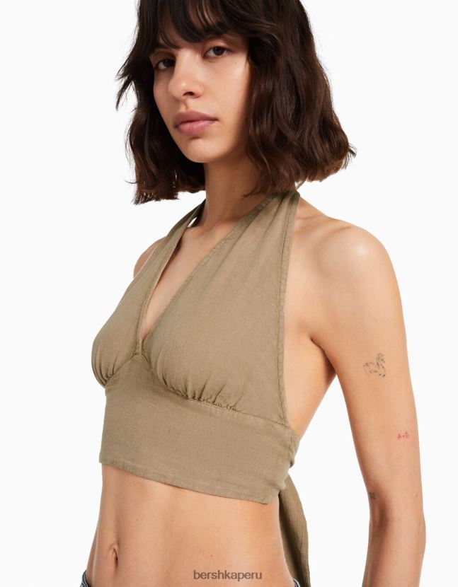 beige Bershka mujer top corto de mezcla de lino rústico 806J6B734