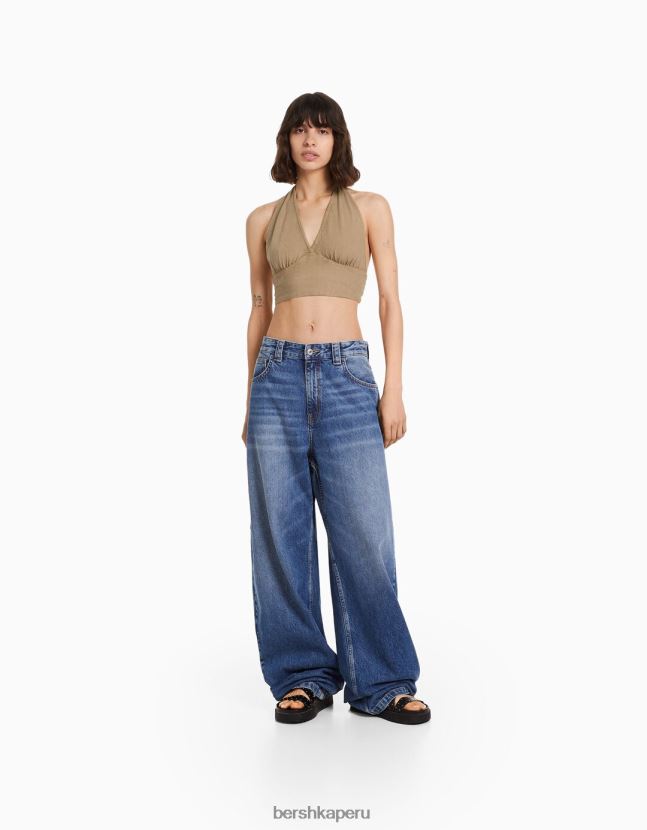 beige Bershka mujer top corto de mezcla de lino rústico 806J6B734