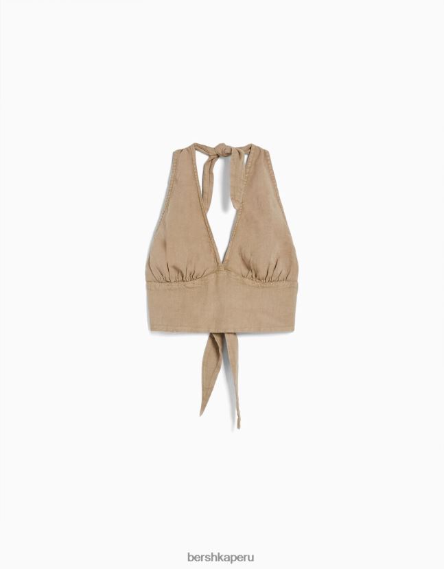 beige Bershka mujer top corto de mezcla de lino rústico 806J6B734