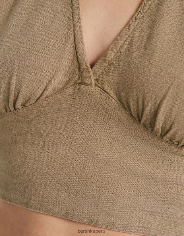 beige Bershka mujer top corto de mezcla de lino rústico 806J6B734
