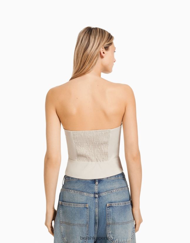 beige Bershka mujer top de sastre con botones 806J6B673