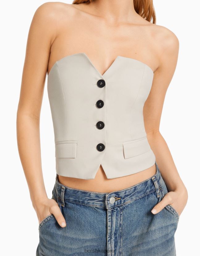 beige Bershka mujer top de sastre con botones 806J6B673
