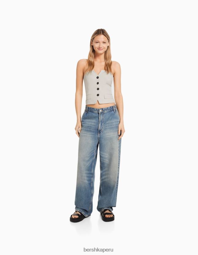 beige Bershka mujer top de sastre con botones 806J6B673