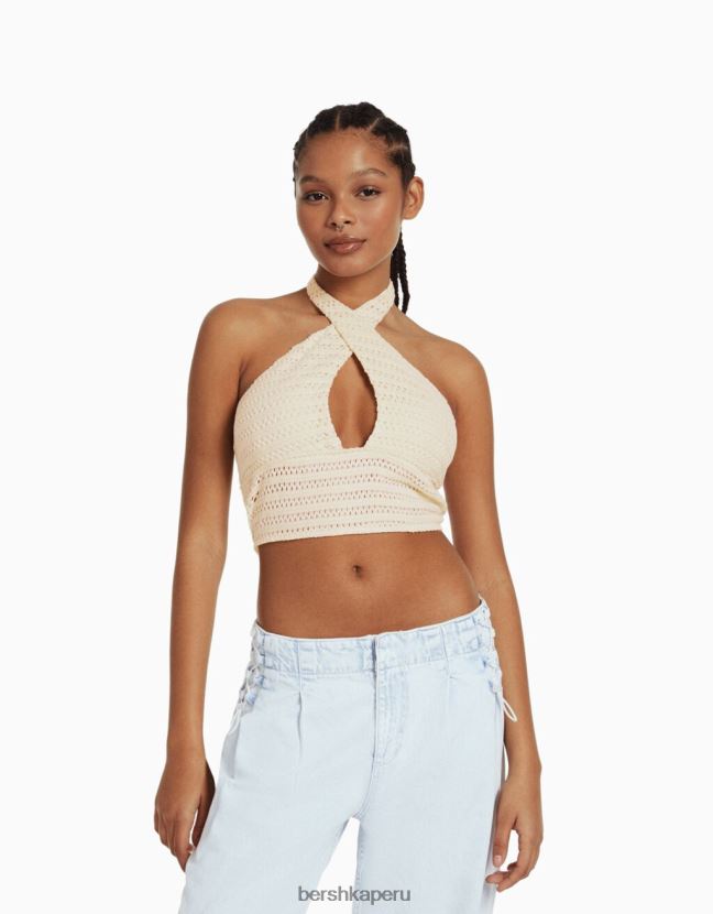 beige Bershka mujer top halter con detalle tejido 806J6B1934