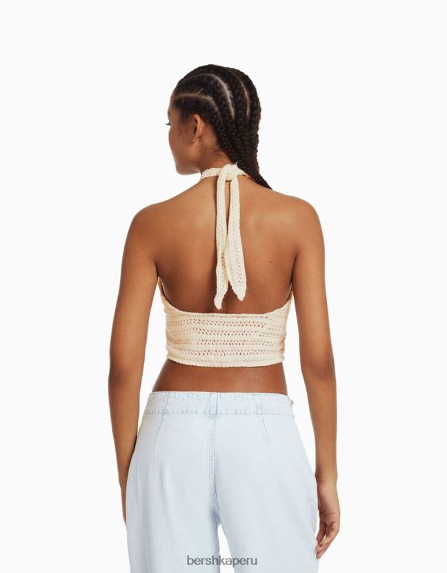 beige Bershka mujer top halter con detalle tejido 806J6B1934