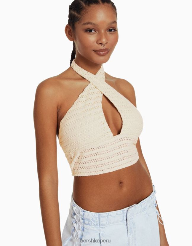 beige Bershka mujer top halter con detalle tejido 806J6B1934