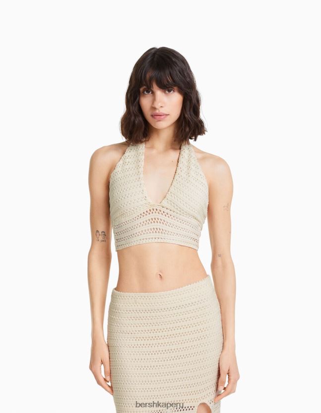 beige Bershka mujer top halter con detalle tejido 806J6B753