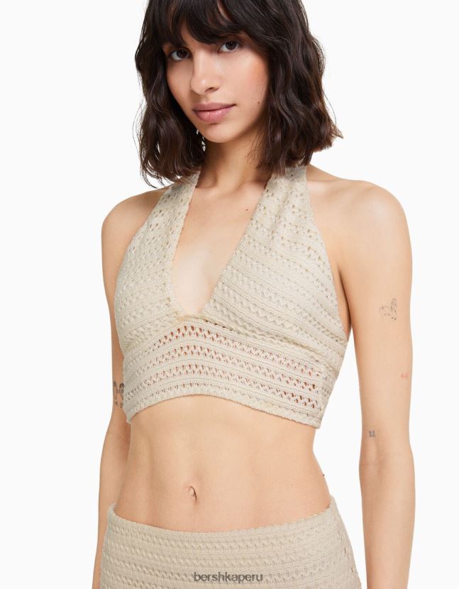 beige Bershka mujer top halter con detalle tejido 806J6B753