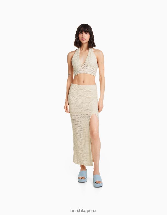 beige Bershka mujer top halter con detalle tejido 806J6B753
