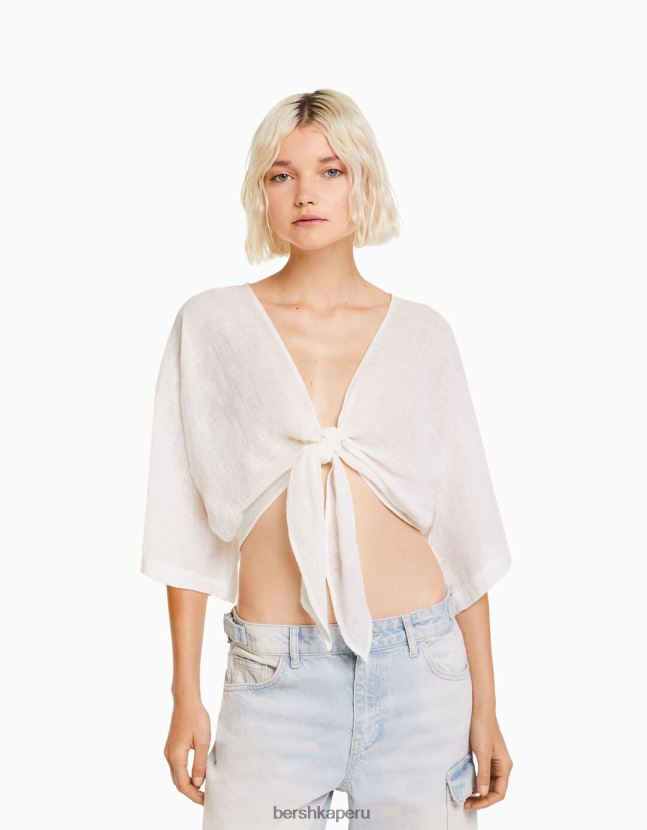 blanco Bershka mujer camisa rústica manga corta 806J6B743