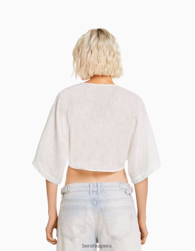 blanco Bershka mujer camisa rústica manga corta 806J6B743