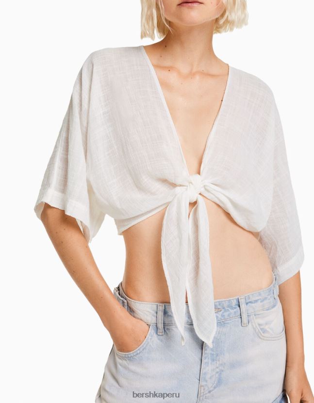 blanco Bershka mujer camisa rústica manga corta 806J6B743
