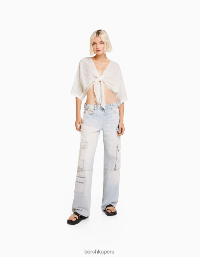 blanco Bershka mujer camisa rústica manga corta 806J6B743
