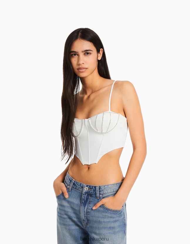 blanco Bershka mujer top con escote con incrustaciones de pedrería 806J6B727