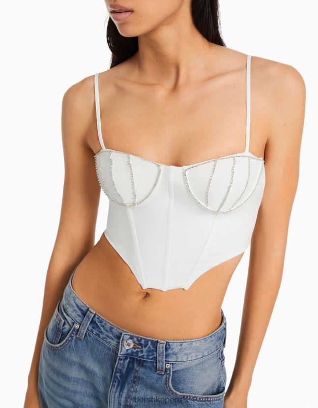 blanco Bershka mujer top con escote con incrustaciones de pedrería 806J6B727