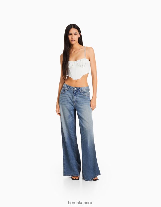 blanco Bershka mujer top con escote con incrustaciones de pedrería 806J6B727