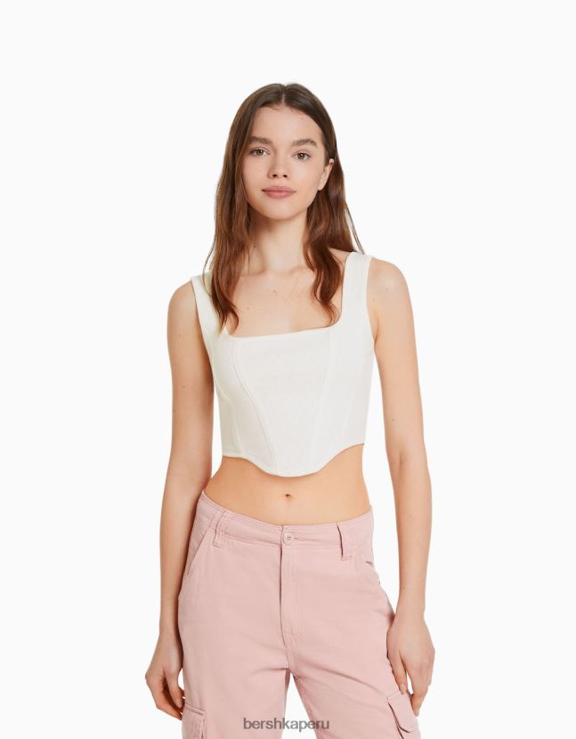 blanco Bershka mujer top corsé corto de tiras de punto pointelle 806J6B892