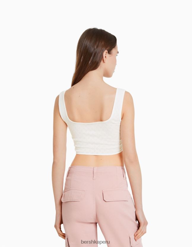 blanco Bershka mujer top corsé corto de tiras de punto pointelle 806J6B892