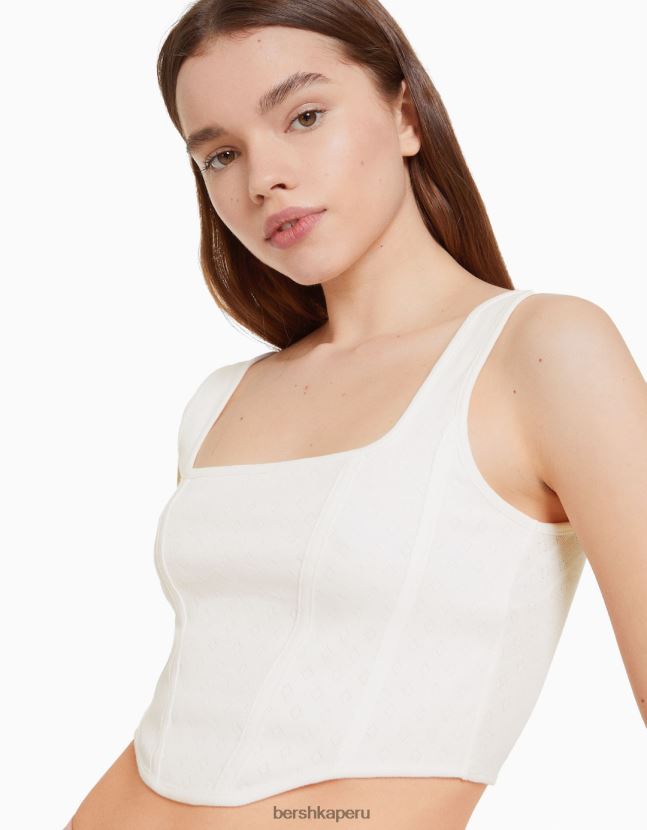 blanco Bershka mujer top corsé corto de tiras de punto pointelle 806J6B892