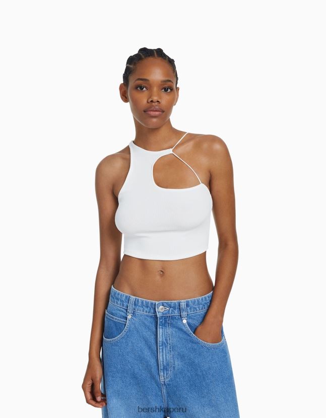 blanco Bershka mujer top corto asimétrico sin mangas 806J6B708