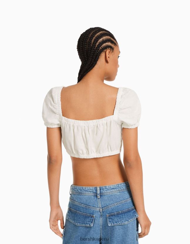 blanco Bershka mujer top corto de manga corta en mezcla de lino con detalle fruncido 806J6B772