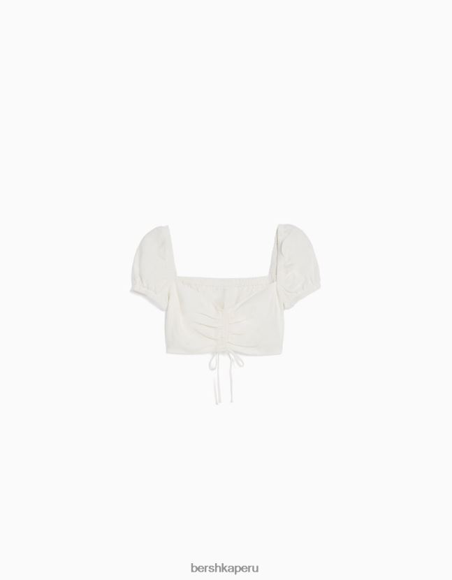 blanco Bershka mujer top corto de manga corta en mezcla de lino con detalle fruncido 806J6B772