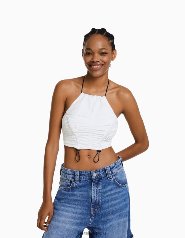 blanco Bershka mujer top corto de nailon con cuello halter y topes 806J6B793
