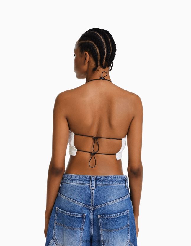 blanco Bershka mujer top corto de nailon con cuello halter y topes 806J6B793