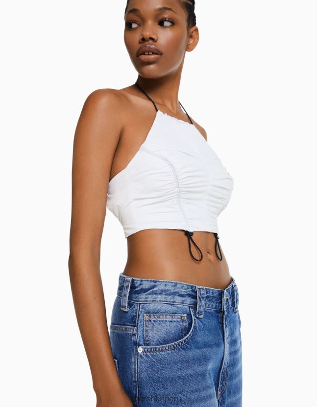 blanco Bershka mujer top corto de nailon con cuello halter y topes 806J6B793