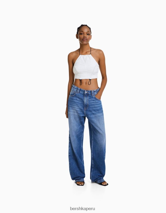 blanco Bershka mujer top corto de nailon con cuello halter y topes 806J6B793