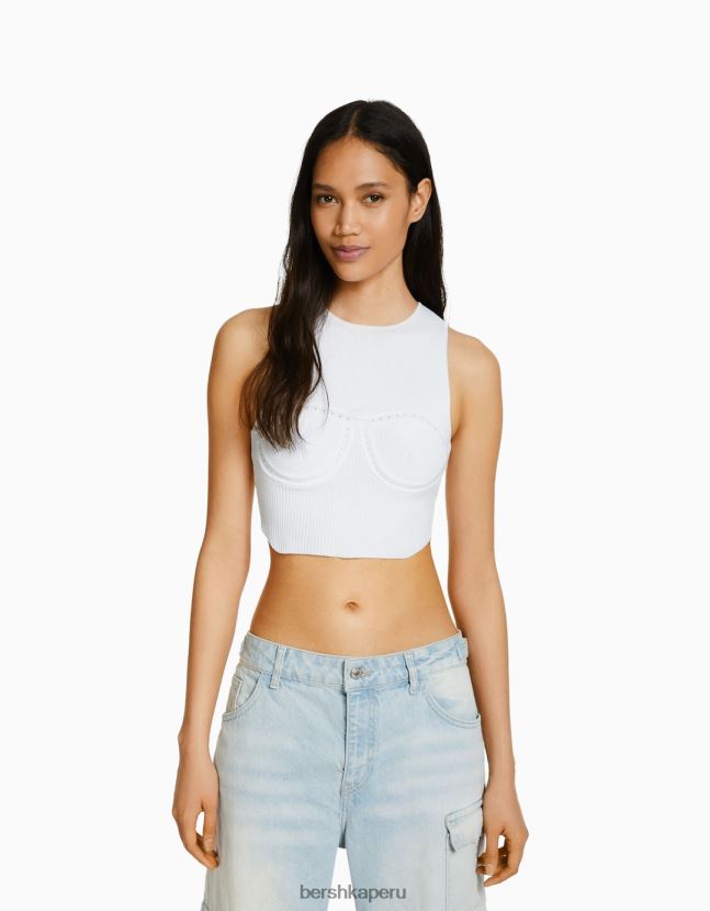 blanco Bershka mujer top de punto abierto sin mangas 806J6B756