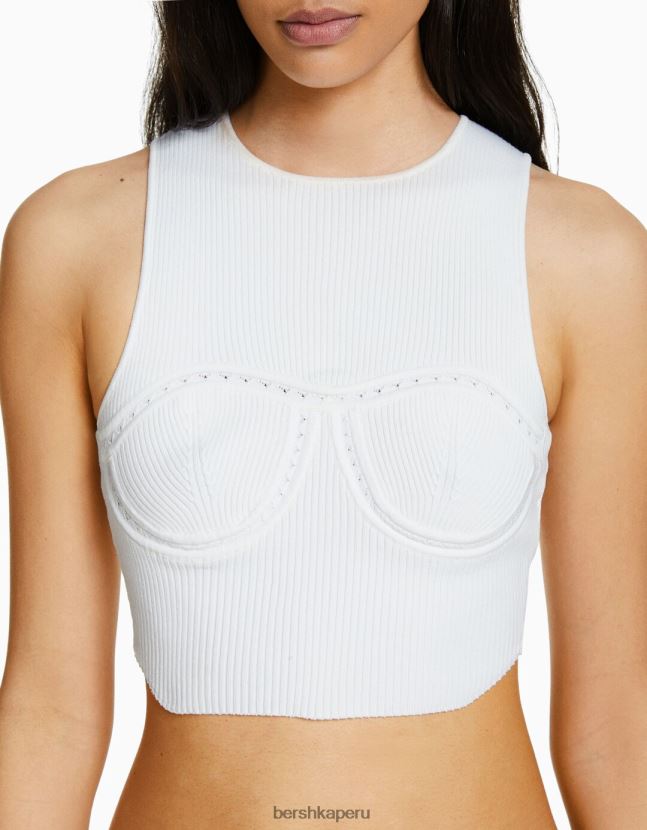 blanco Bershka mujer top de punto abierto sin mangas 806J6B756