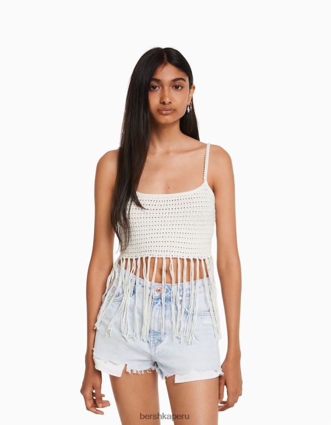 blanco Bershka mujer top de tiras calado con flecos 806J6B822