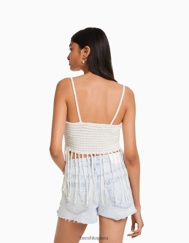 blanco Bershka mujer top de tiras calado con flecos 806J6B822