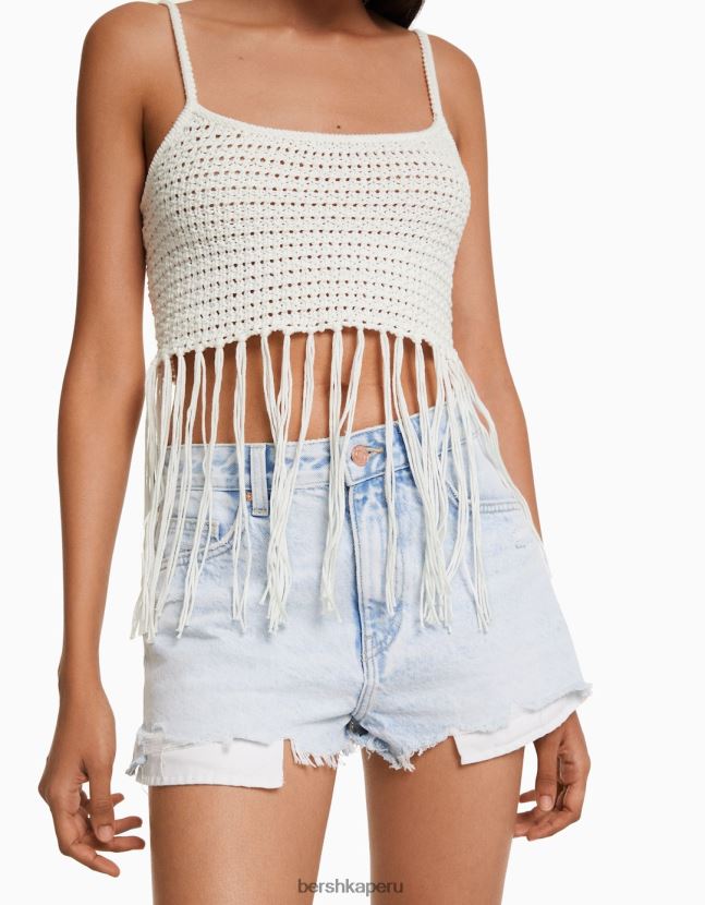 blanco Bershka mujer top de tiras calado con flecos 806J6B822