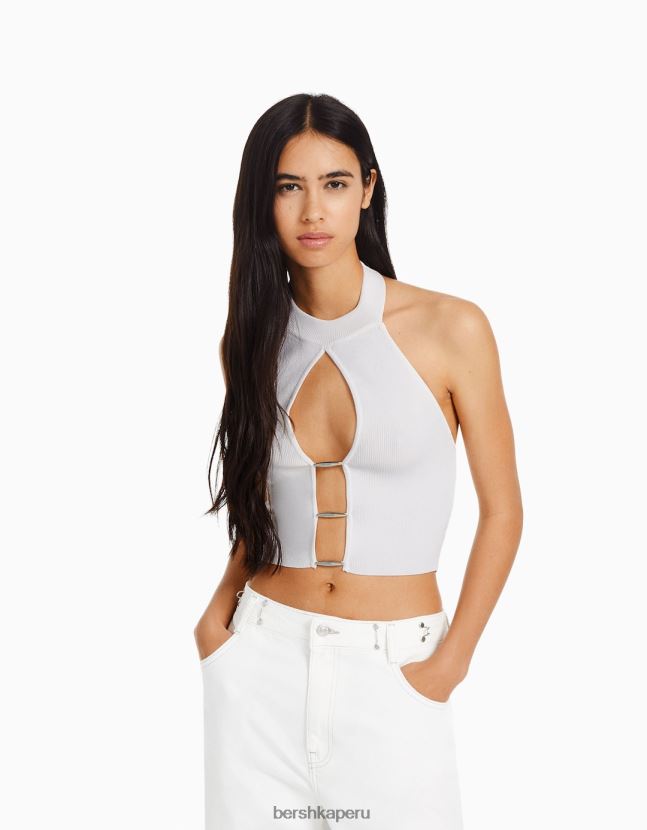 blanco Bershka mujer top halter con detalle tejido 806J6B760
