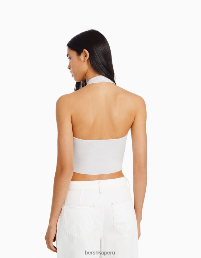 blanco Bershka mujer top halter con detalle tejido 806J6B760