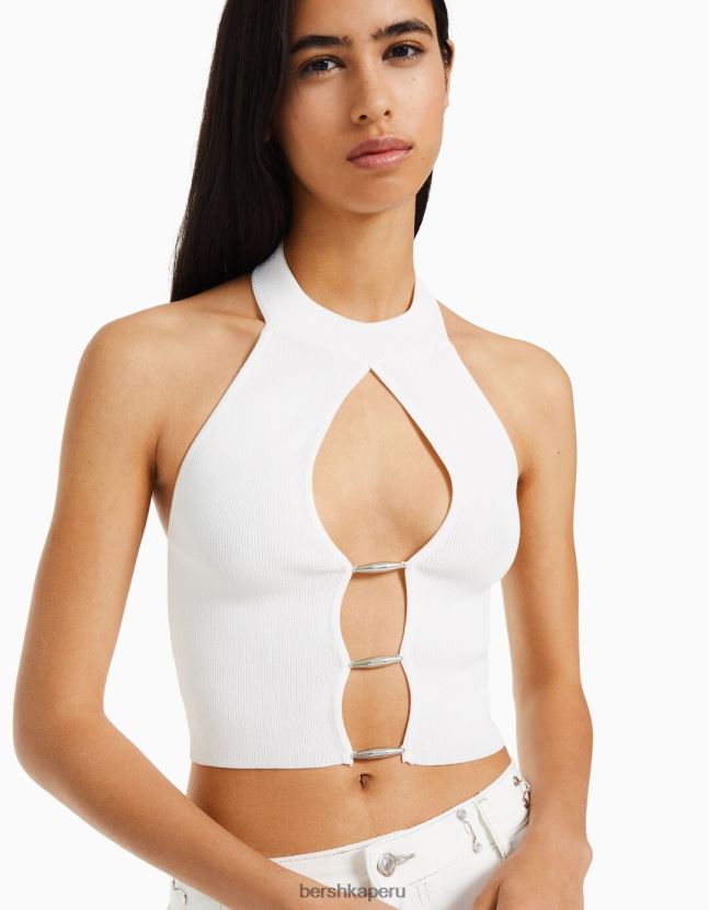 blanco Bershka mujer top halter con detalle tejido 806J6B760