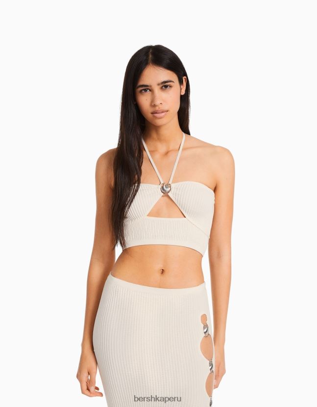 blanco Bershka mujer top halter sin costuras con detalle 806J6B726