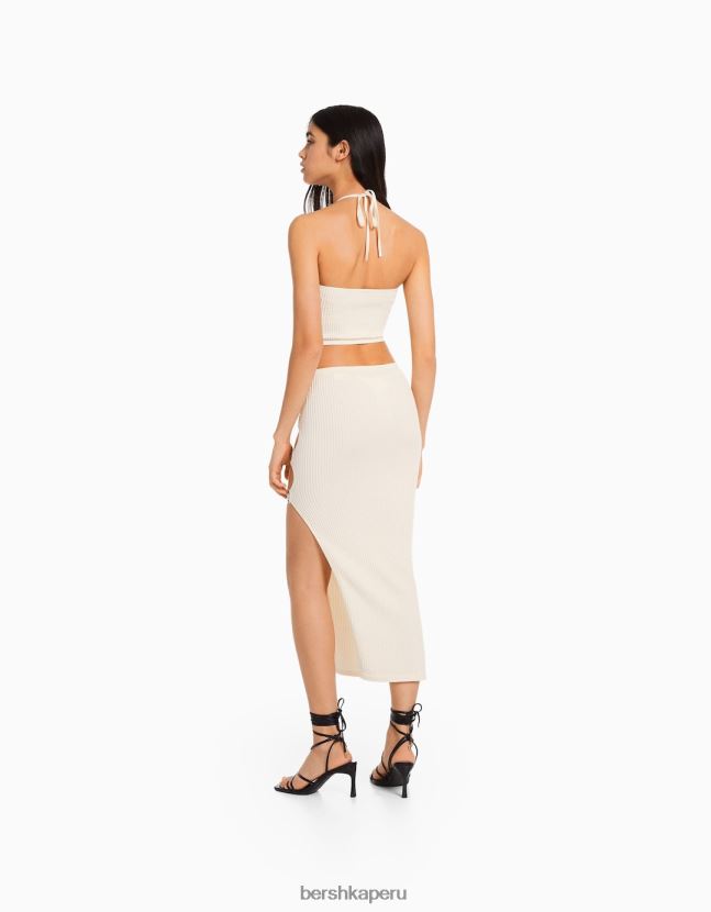 blanco Bershka mujer top halter sin costuras con detalle 806J6B726