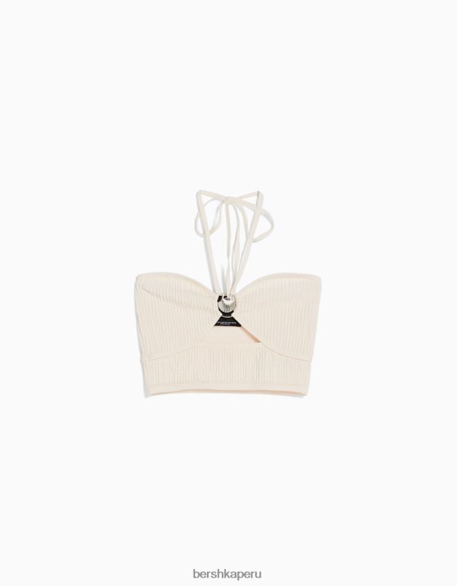 blanco Bershka mujer top halter sin costuras con detalle 806J6B726