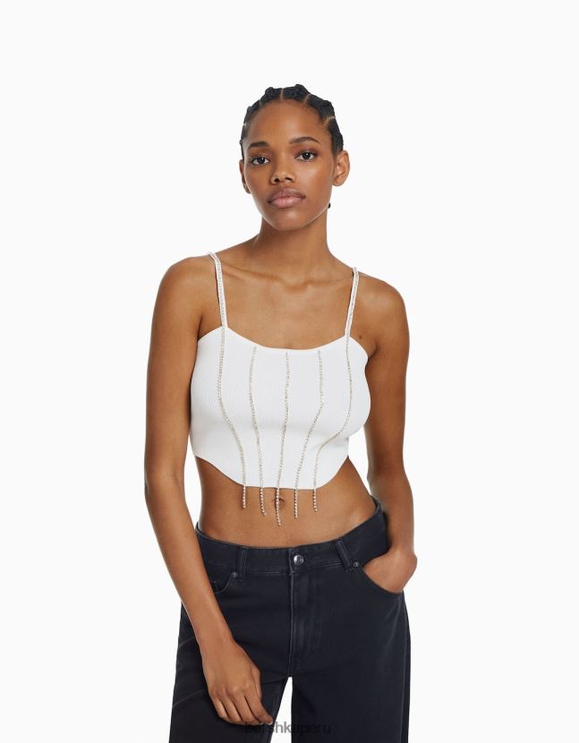 blanco Bershka mujer top tejido con tiras y pedrería 806J6B763