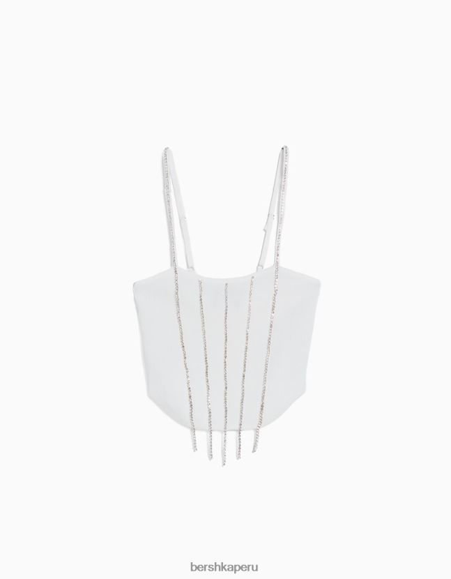 blanco Bershka mujer top tejido con tiras y pedrería 806J6B763